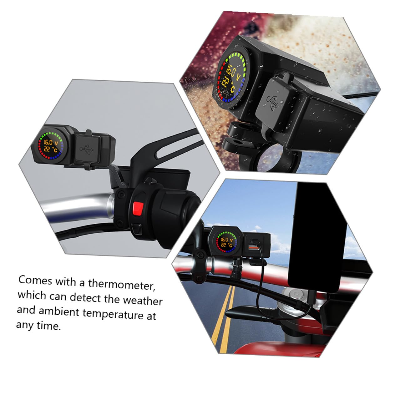 STOBAZA Motorrad Ladegerät mit Dualem USB Anschluss und Typ-c Digitales Voltmeter und Thermometer 70cm Stromkabel Schwarz aus Abs und Kupfer Kompatibel mit Motorrad und Autobatterie