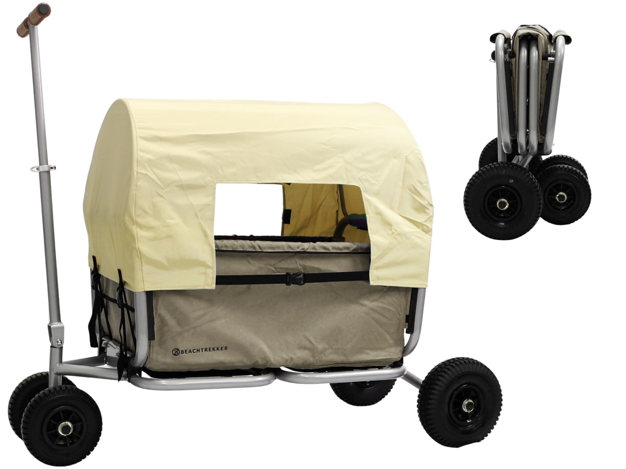 Beachtrekker Life Faltbarer Bollerwagen, klappbarer Handwagen + Feststellbremse + Sonnenverdeck (Luftreifen, Beige)