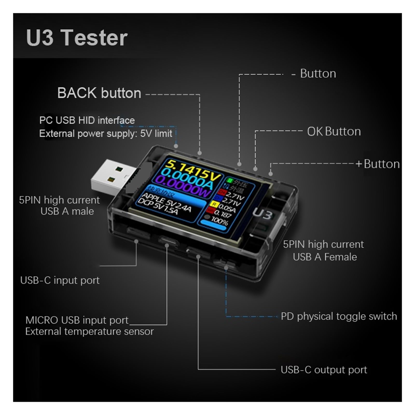 Tester USB U3 Aplikacja Na Komputer USB Tester Miernik Napięcia Prądu QC5 PD3.0 2.0 PPS Protokół Szybkiego Ładowania Pojemność Monitor Wyzwalacza PD(Bluetooth Grey)