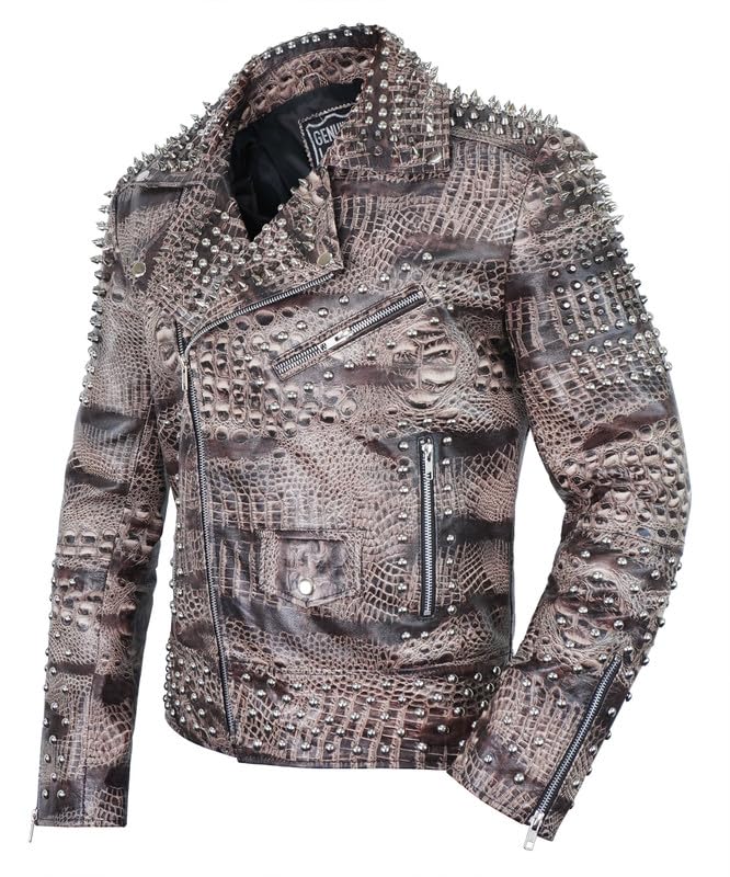 Mens Vintage Python SnakeSkin Pattern Studded Punk Rock Style Leather Biker Jacket Brando Spikes Coat2