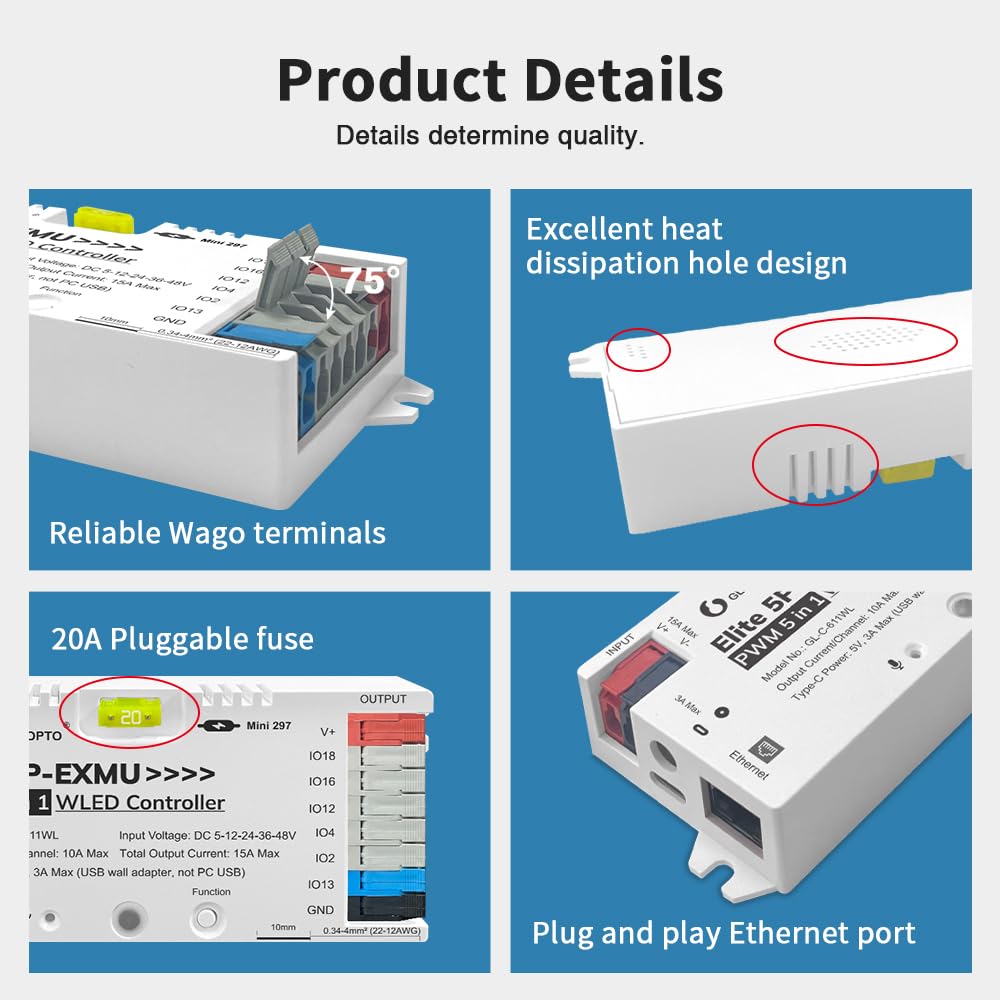 Controlador LED Elite 5P-EXMU WLED, Controlador LED PWM 5-1 para Tiras LED RGB/RGBW/RGB+CCT/CCT/Regulador de Intensidad, Ethernet + WiFi, APP/Mando a Distancia, Compatible con Alexa y Home Assistant