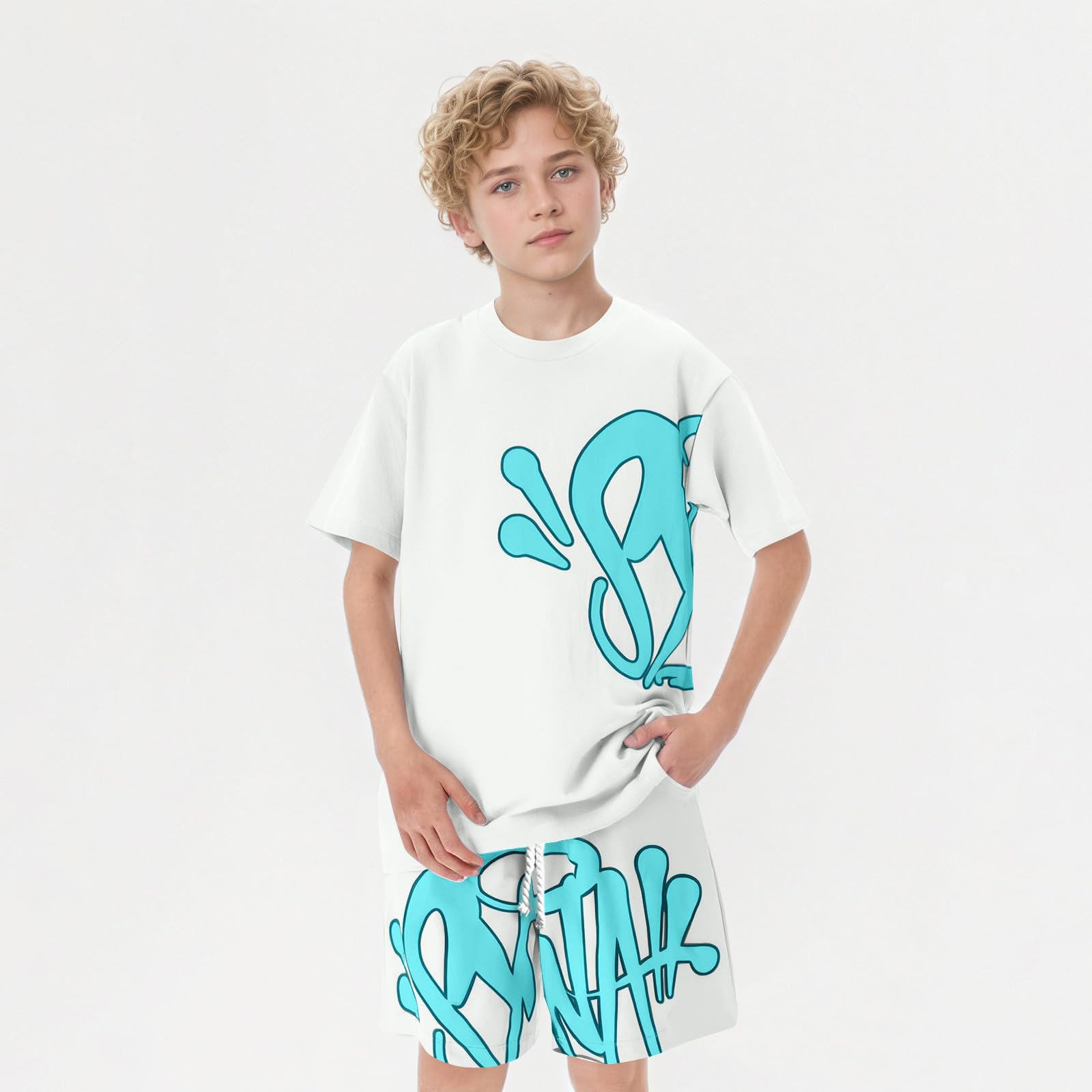 SW Shorts and T Shirt Set Sommer Outfit Kinder 1/2-Teiliges Trainingsanzug Set Y2K Hip Hop Streetwear Casual Leicht Sportanzug Tracksuit mit Tasche