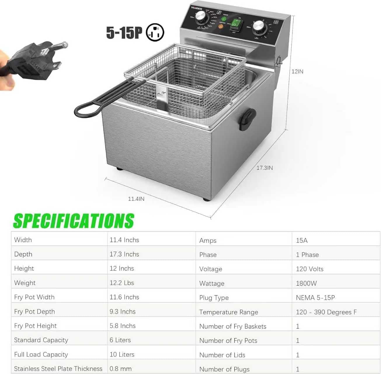 Friggitrice elettrica da banco da 10 Litri in Acciaio Inox con cestello e Coperchio, 1800 W, Timer da 60 Minuti, Ideale per la Cucina Domestica e Professionale.