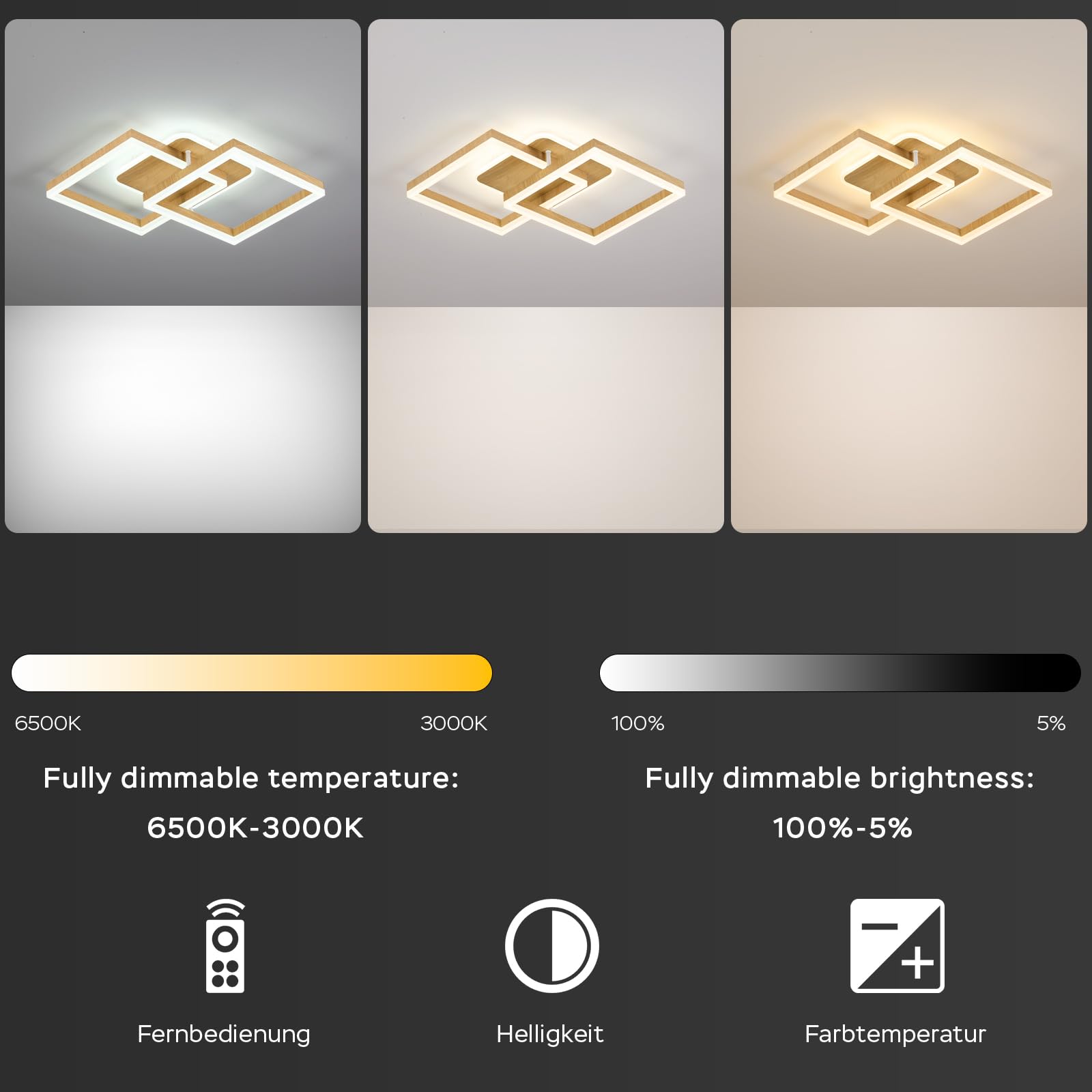 ANTENLICHT 40W Plafonnier LED Luminaire Salon Dimmable avec Télécommande Moderne design géométrique, Blanc Chaud à Froid 3000K-6500K, Éclairage de Plafond pour Chambre, Salle à Manger, Aspect Bois