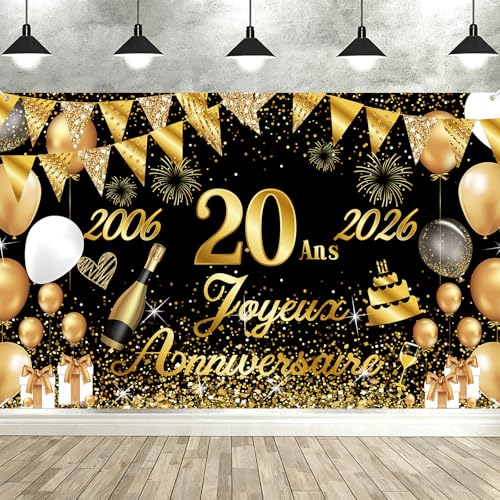Seutgjie Banderole Joyeux 20 Ans 2006-2026, Décoration 20 Ans Toile de Fond Anniversaire Femme Homme, Bannière Joyeux Anniversaire pour Fête, Or Noir 180 x 110 cm