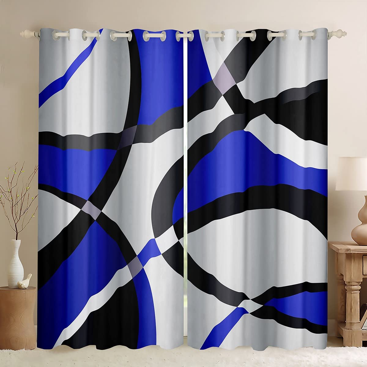 Blue and White Abstract Blackout Curtains Geometric Circle Swirl Window Curtains Retro Stripe Swirl Darkening Dreapes Modern Geometric Window Treatments W46*L72 — image 1
