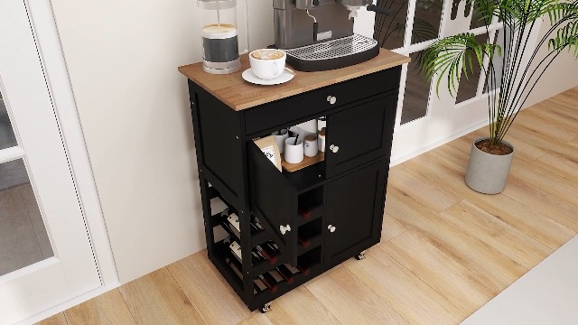 Desserte De Cuisine à Roulettes COSTWAY - Bois D'Hévéa Avec Tiroir Et Porte-Bouteilles