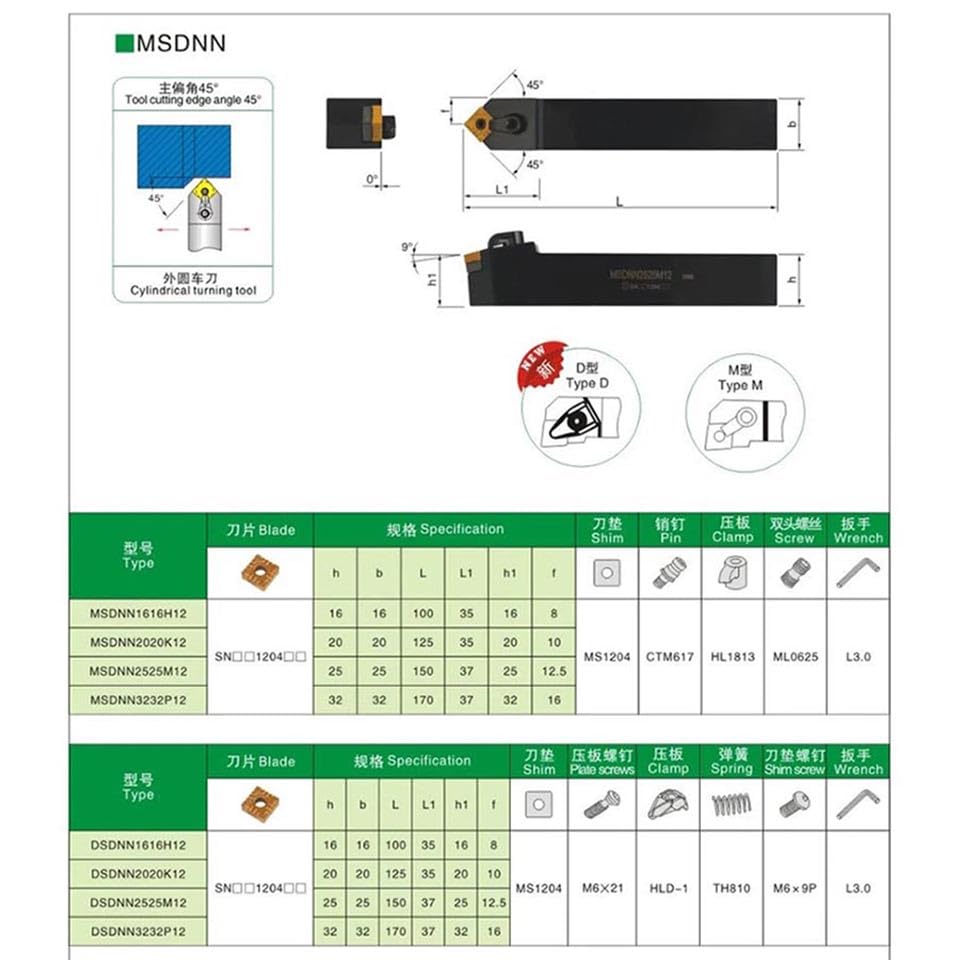 1pc 45° Degrees MSDNN MSDNN1616H12 MSDNN2020K12 External Turning Tools Lathe Cutter Shank CNC Tool Holder Use for SNMG Cabide Insert(MSDNN1616H12)
