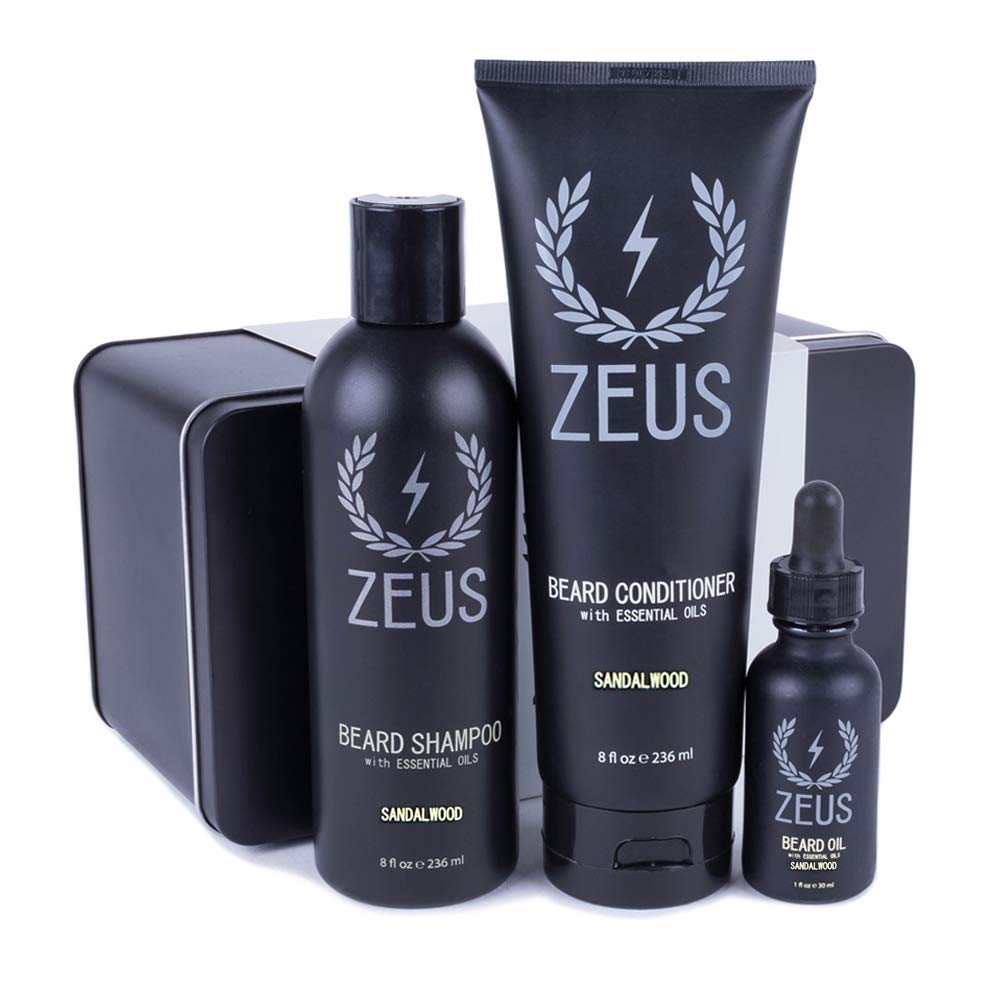 ZEUS Starter Beard Wash & Beard Oil Kit for Men, Softens, Hydrates & Moisturizes Facial Hair, Promotes Healthy Growth & Shine (Made In USA) Sandalwood
