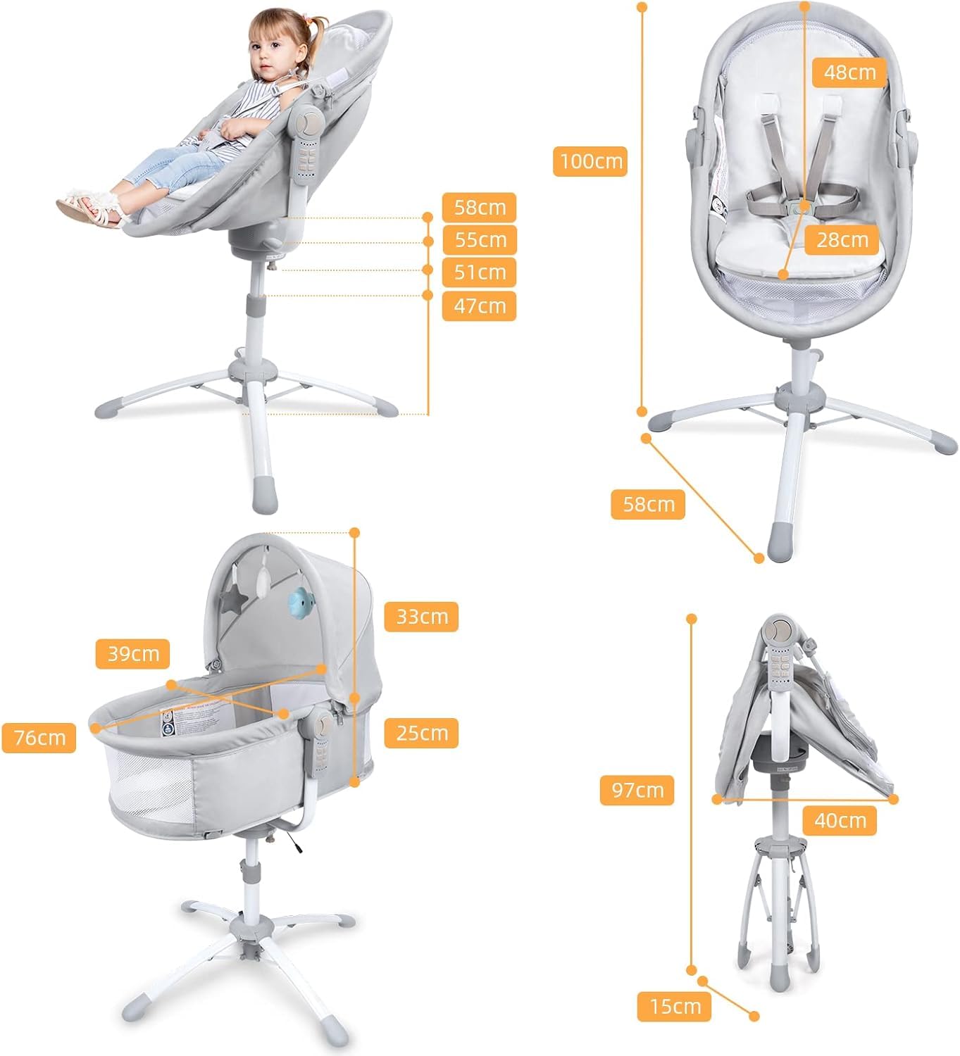 BEBE2LUXE 4 en 1 Multifonction Balancelle électrique, Berceau réglable, Chaise Haute et Transat (0‑15 kg), Harnais 5 PTS, réglage Hauteur/Dossier, 6 Vitesses + Vibration, USB/MP3, télécommande (Gris)