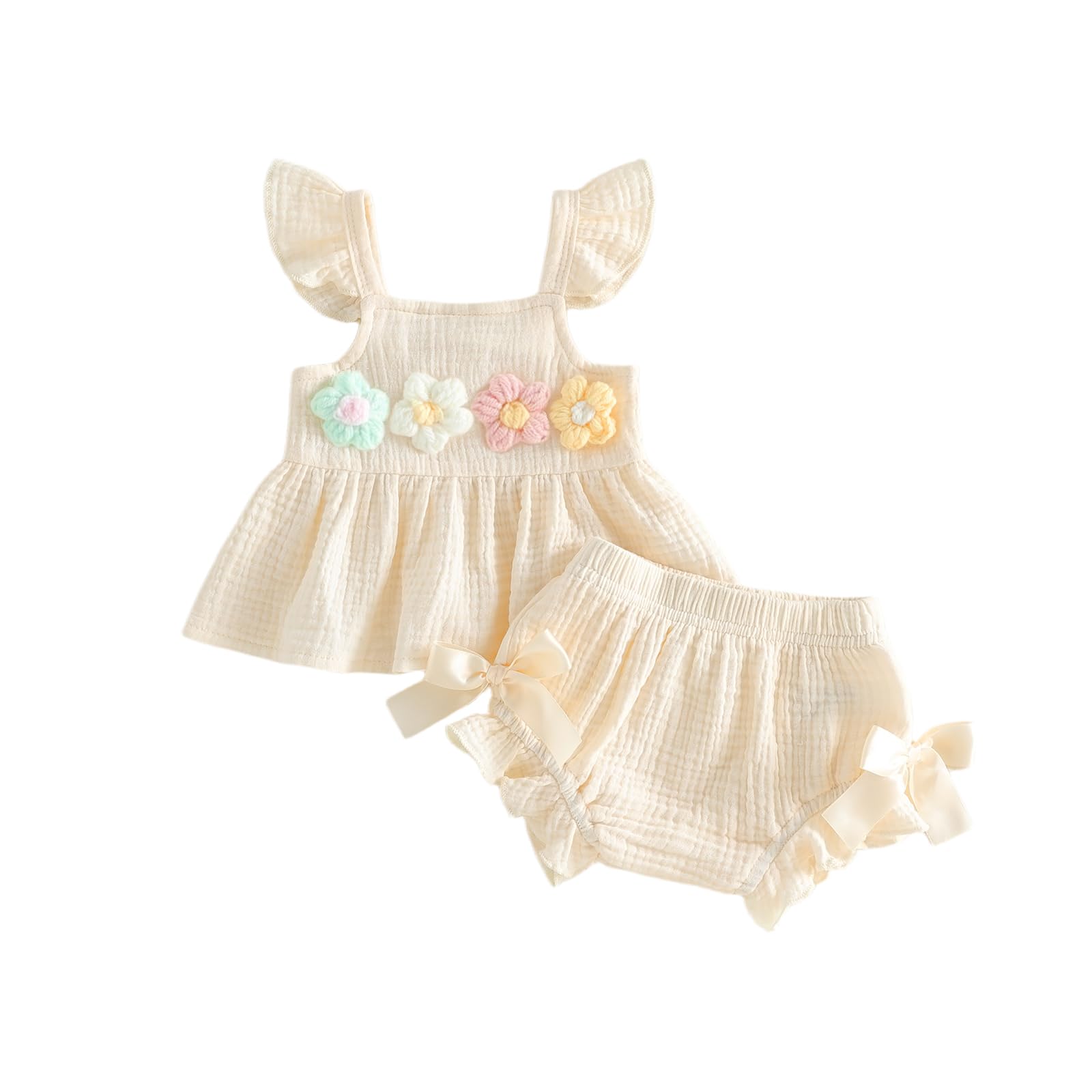 Carolilly Ensemble Bébé Fille Été 2 Pièces, Haut à Volant avec Fleurs et Culotte avec Nœuds, Tenue Florale (0-18 mois)