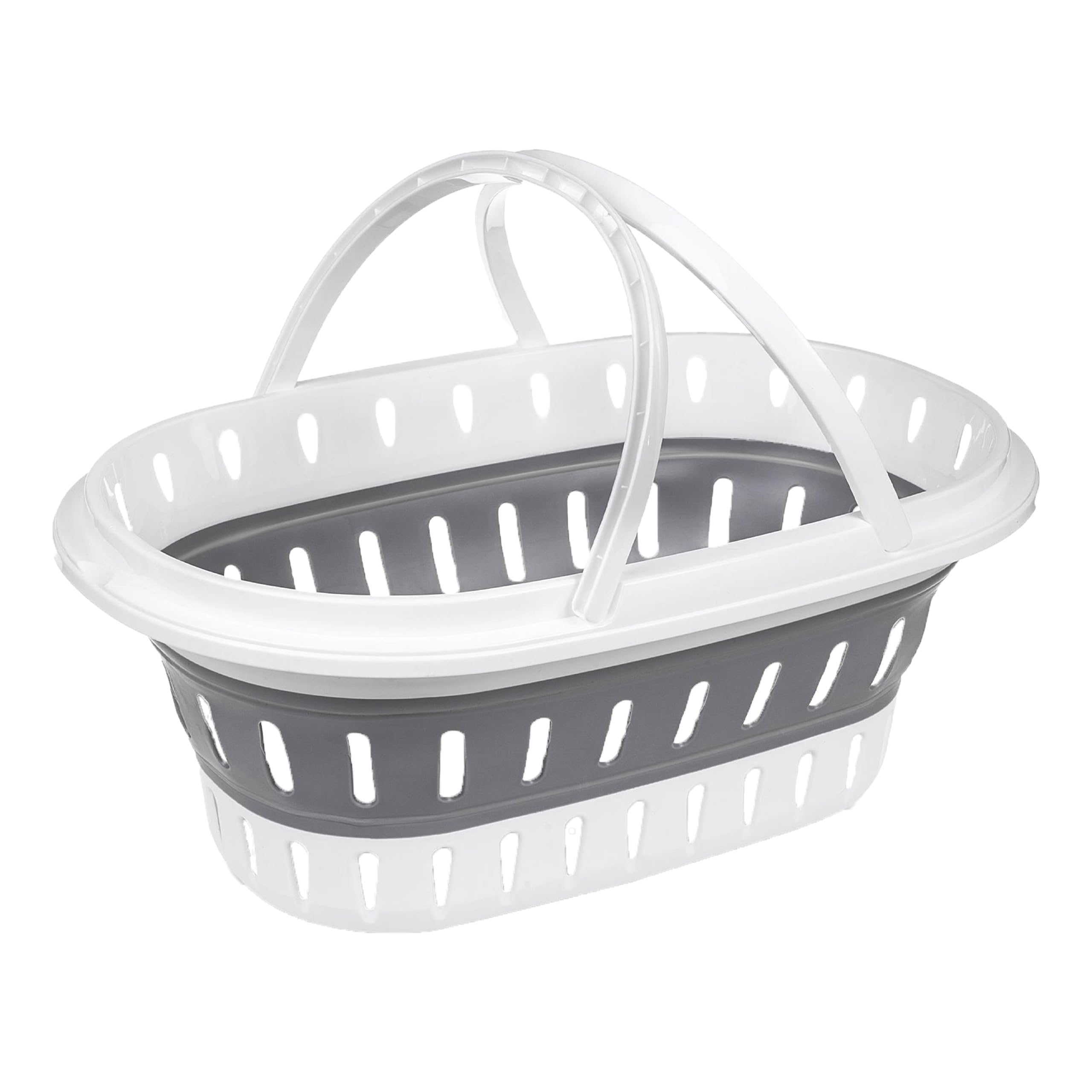 HOMESHOPA Collapsible Oval Laundry Basket, 24 Litre Foldable Plastic Pop Up Storage Organiser Container, Portable Washing Basket With Ventilation Holes & Handle, Space Saving Multi-Purpose Tub - Grey
