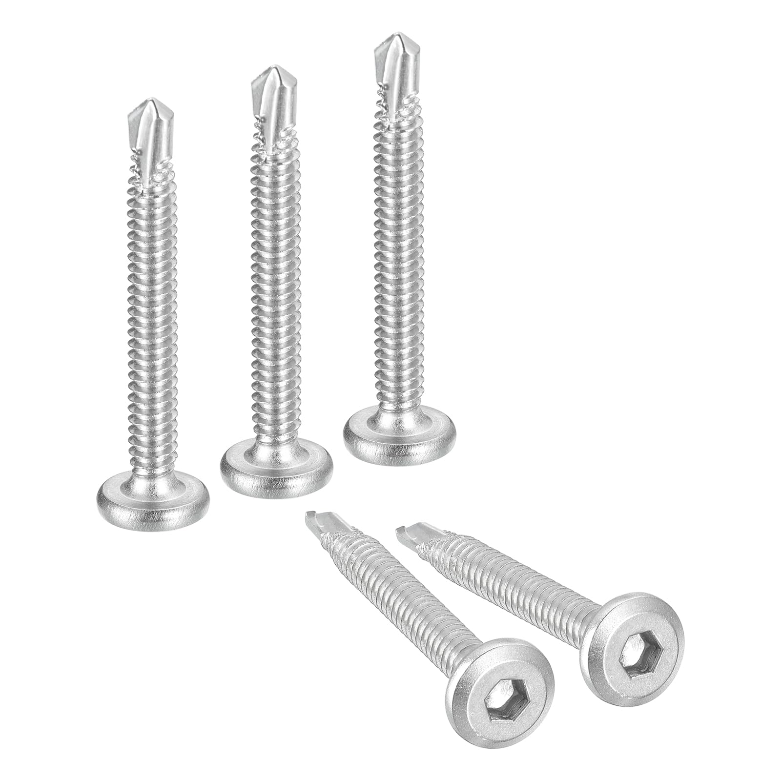 uxcell 100Pcs Hex Socket Self Tapping Screws, #10 x 2 410 Stainless Steel Flat Head Sheet Metal Drilling Screw, Silver