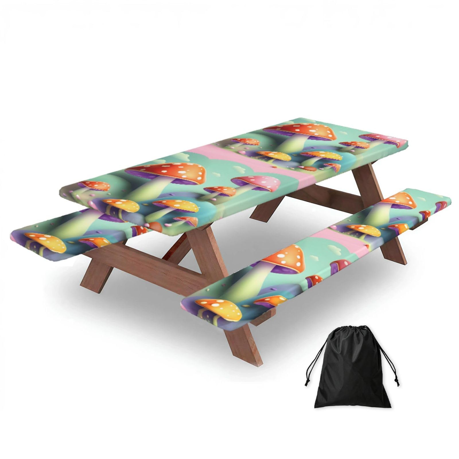 Hhbiuuo Black 72In Camping Table Cover & Bench Covers 3-Pack Set, Dreamy Little Mushroom Print Tablecloths, For Rectangle Tables Picnic
