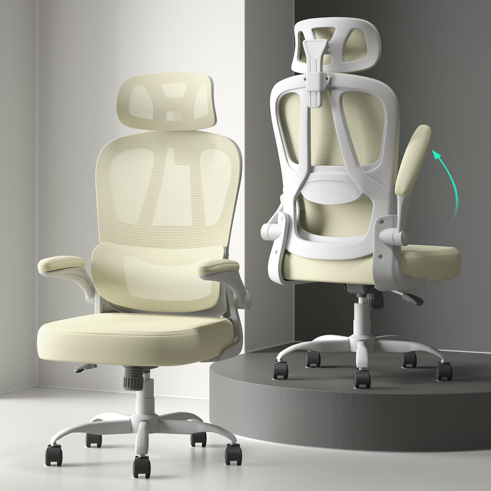 Submi Office Chairs, Ergonomic Computer Chair for Adults, Breathable Mesh Desk Chair with Lumbar Support & Flip-up Armrests, Mid-Back PC Office Chair, Swivel Task Chair, Working, Study, Beige