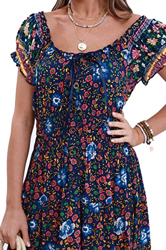 Image of OSTOO Women's Floral Maxi Dress Boho Summer Short Sleeve Smocked Waist Tiered Long Dress