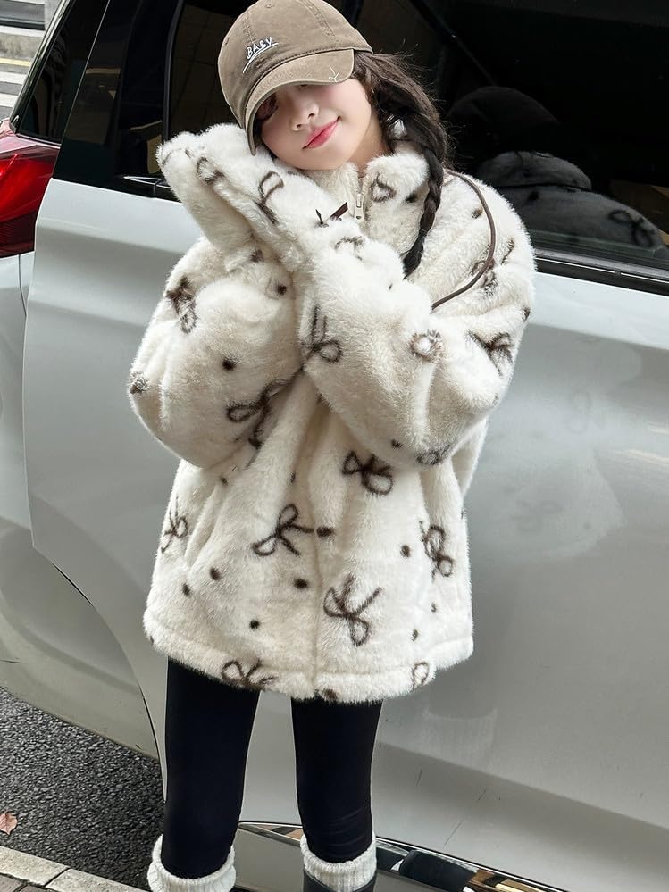 [Luzverde] ボアコート キッズ もこもこ ボアジャケット ブルゾン リボン 手袋付き 長袖 ショート丈 無地 アウター ゆ