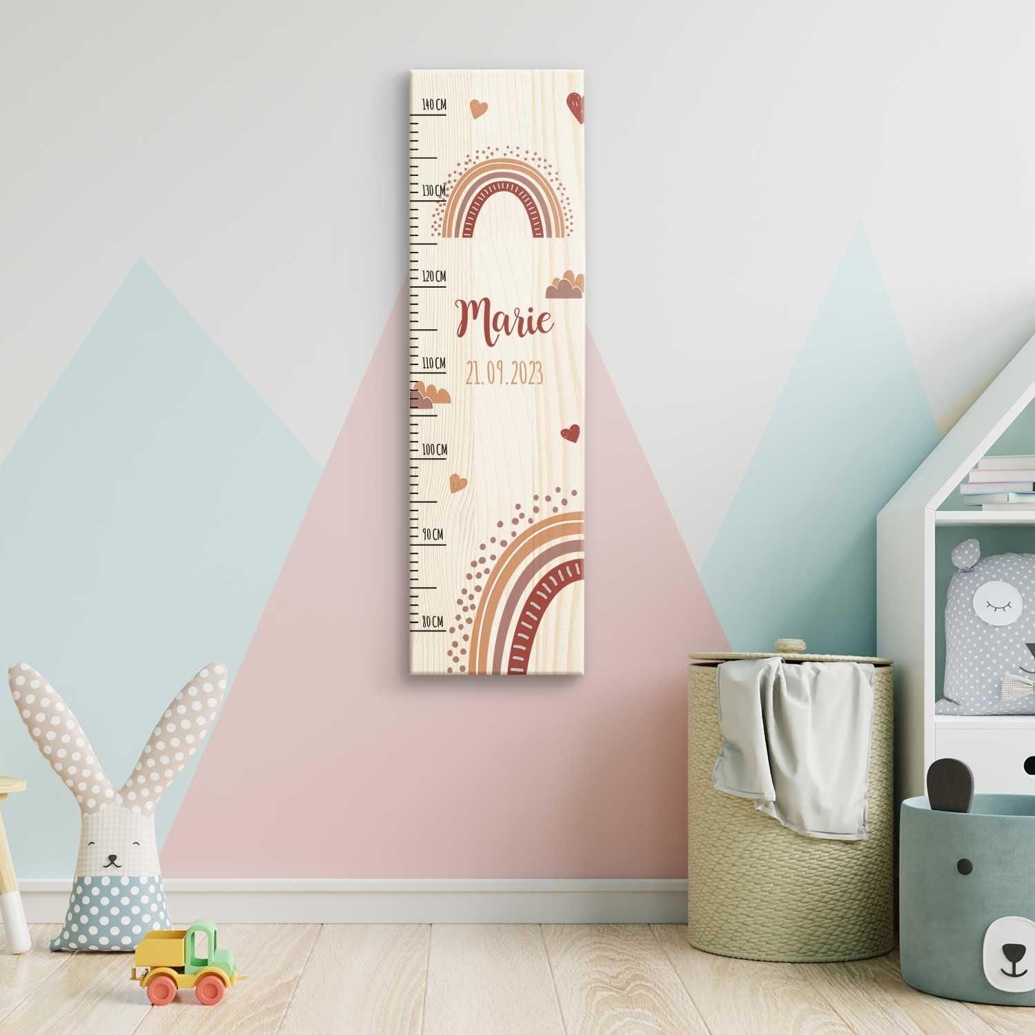 GRAVURZEILE Toise pour enfant en bois - Design rouge arc-en-ciel - Avec nom pour chambre d'enfant - Échelle mesure 80 à 140 cm - Dimensions : 20 x 70 x 2 cm - Cadeau de naissance pour filles et