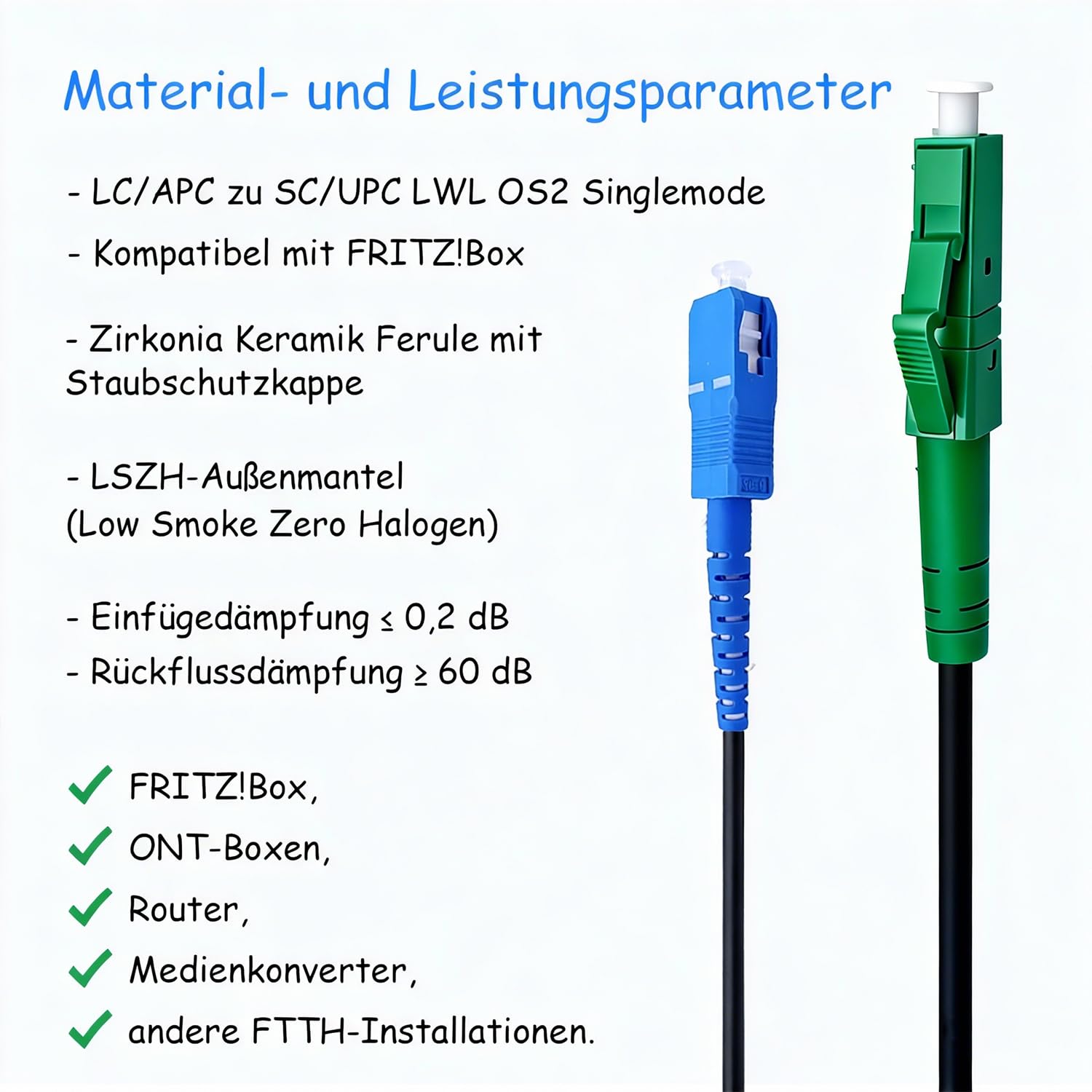150m LC/APC zu SC/UPC Singlemode Glasfaserkabel 3,0 mm, G657B3 OS2 Simplex, LSZH, Schwarz, Niedrige Dämpfung, FTTH Anschlusskabel,Kompatibel mit FRITZ!Box,150 Meter