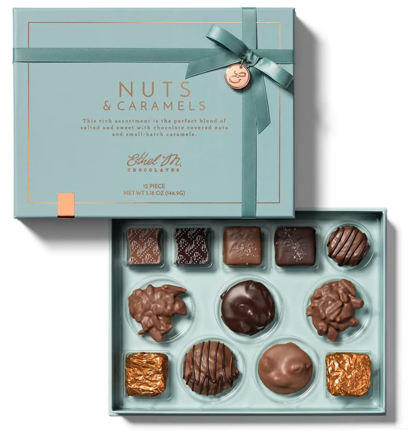 Caja de regalo de chocolates Ethel M Premium Nuts & Caramels, surtido de dulces de chocolate con leche y chocolate negro, 12 piezas de gemas de