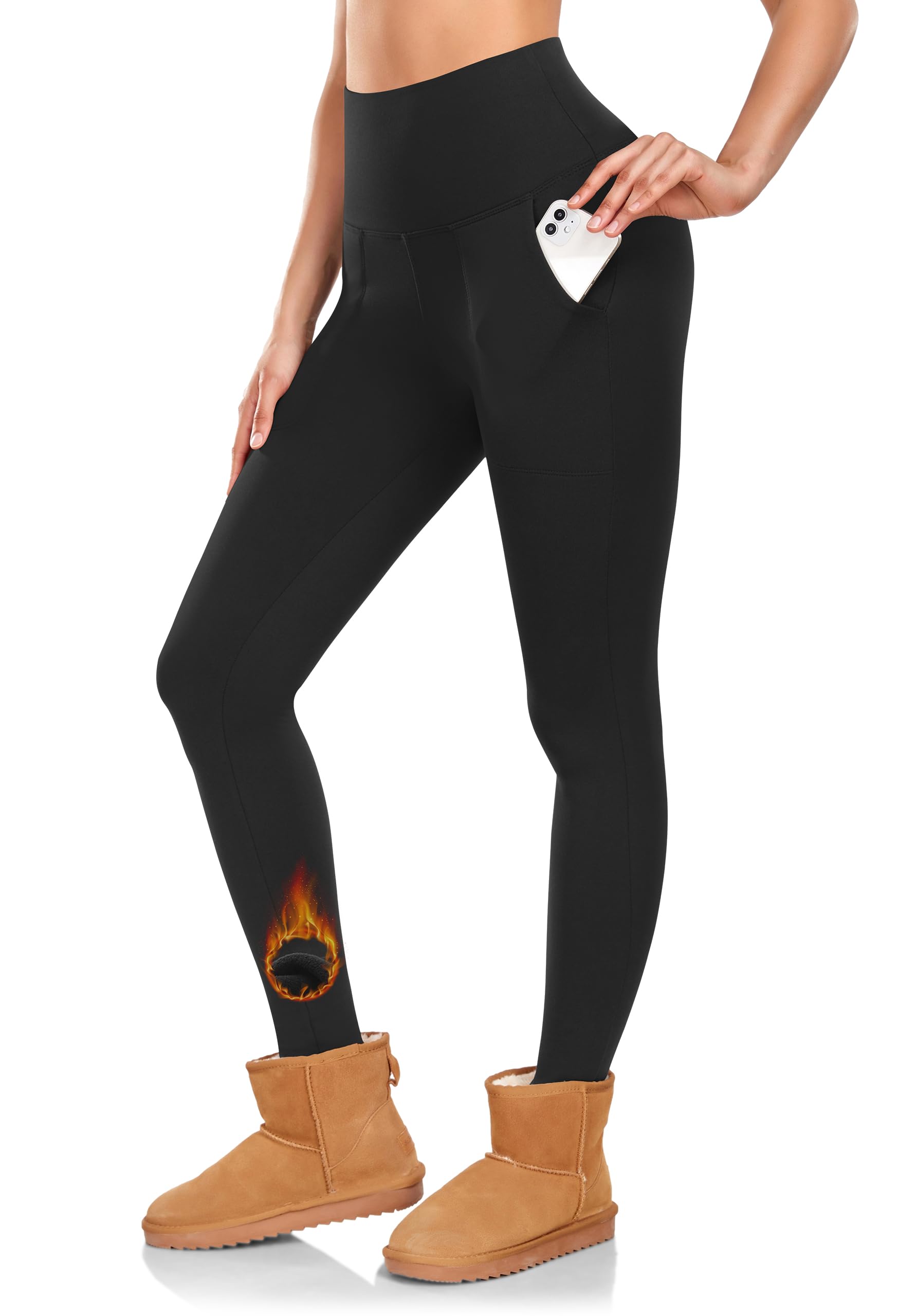 DHSO Fleece Lined Leggings Women with Pockets - High Waisted Thermal Winter Warm Yoga Pants for Women Tummy Control Leggings Black Small-Medium
