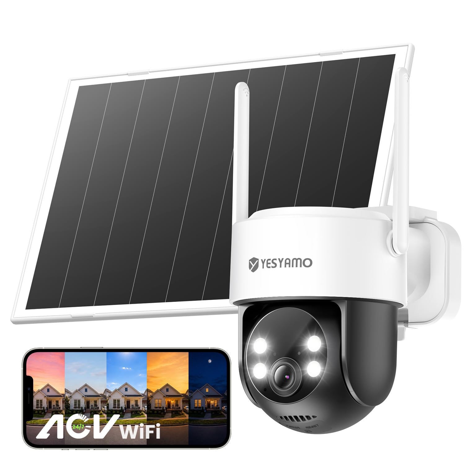 YESYAMO AOV 24/7 Grabación Continua Cámara Vigilancia WiFi Exterior 4MP | Panel Solar 9W, Batería 9000 mAh con Calefacción, Detección IA 30M, 360° Seguimiento Automático, Sin Cables para Casa, 2.4GHz