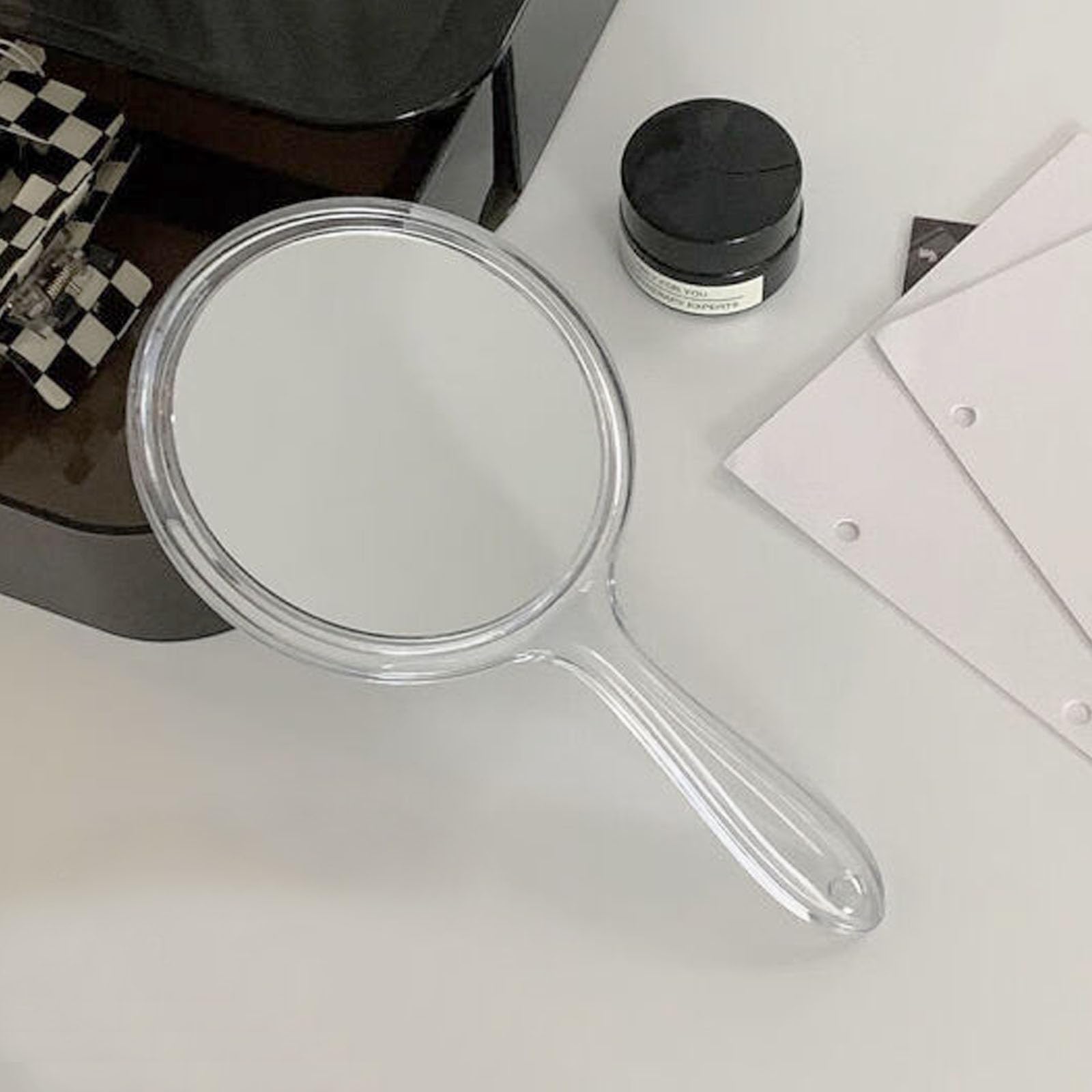 specchio a mano bifacciale, specchio a mano con manico, lente d'ingrandimento trasparente multifunzione 1x/2x, adatta per il trucco quotidiano femminile., SMJ-2X