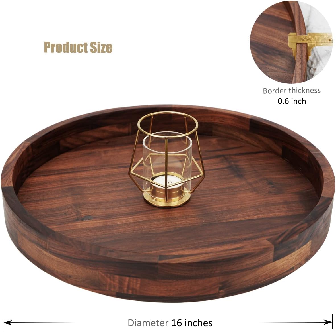 16 Inches Extra Large Round Black Walnut Wood Ottoman Tray with Handles, Serve Tea, Coffee or Breakfast in Bed, Classic Circular Wooden Decorative Serving Tray 16"