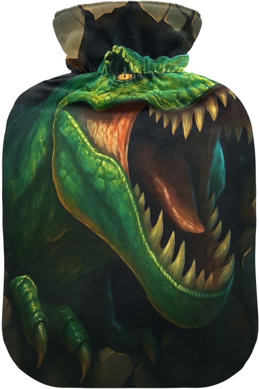 Hot Water Bottle with Soft Cover Bed Hand Feet Warmer Fierce Green Dinosaur Hot Water Bag for Hot and Cold Compress Medium