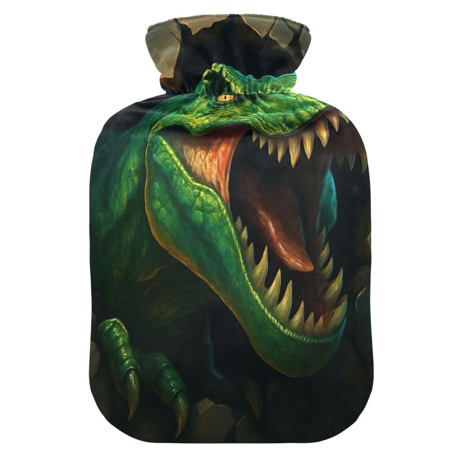 Hot Water Bottle with Soft Cover Bed Hand Feet Warmer Fierce Green Dinosaur Hot Water Bag for Hot and Cold Compress Medium