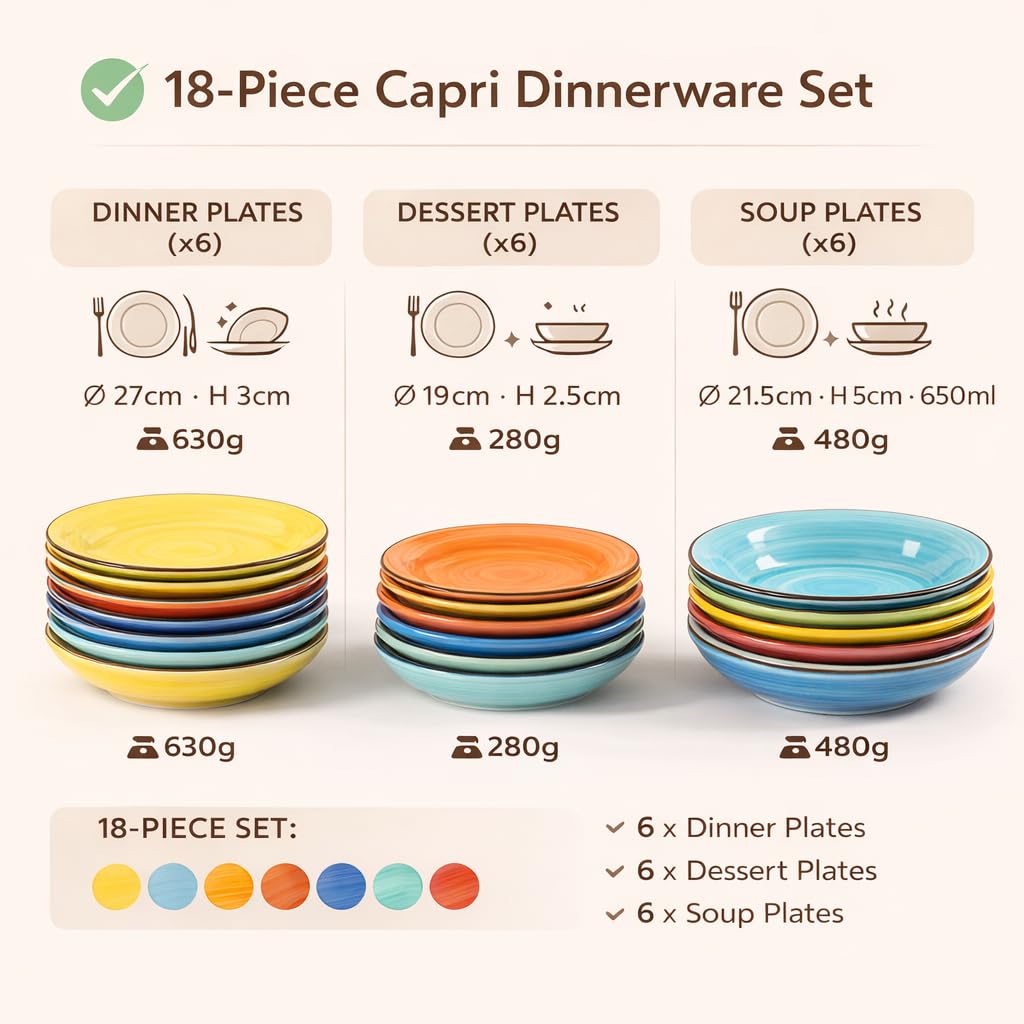 18-TLG. Kombiservice Geschirrset Tafelservice Porzellan BUNT Tellerset Capri für 6 Pers. kunterbuntes Kuchen-Teller klein + Speiseteller flach + Suppenteller tief Buntgenfarben