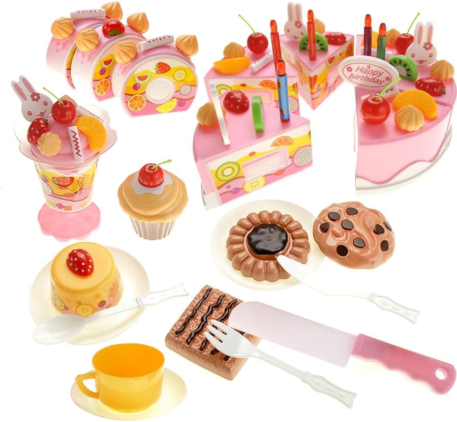 PowerTRC Juego de 75 piezas de juguetes de cocina de corte de alimentos para tartas de cumpleaños, juego de rol, juego de rol, juego de fiesta de té