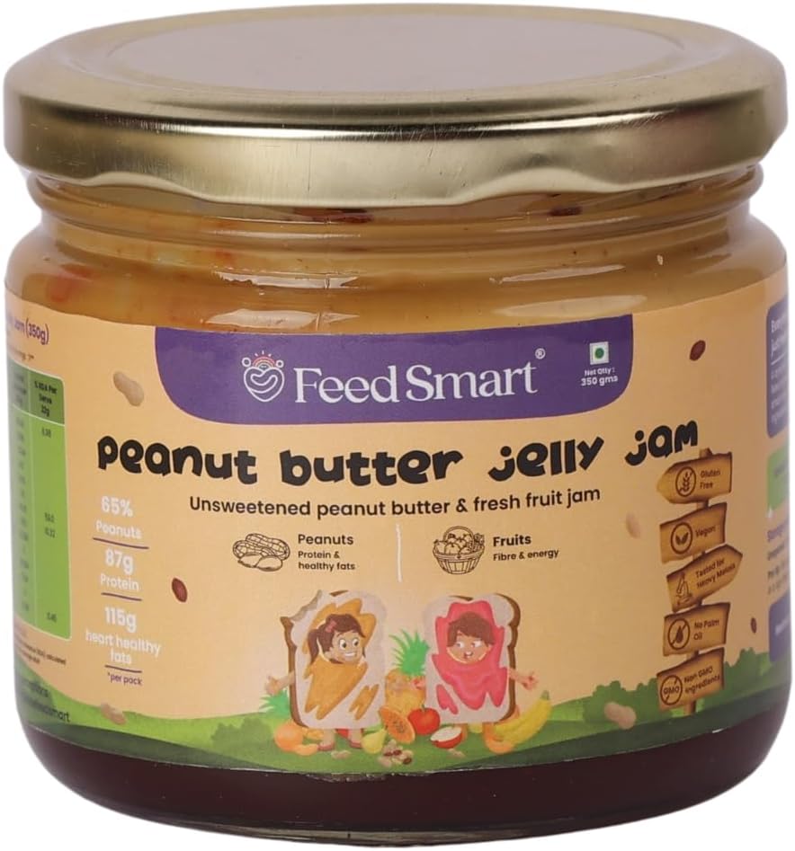 Feed Smart Peanut Butter Jelly Jam: 68% Unsweetened Peanut Butter & 32% Fresh Fruit Jam, Vegan | Protein-Packed | No Added Sugar | Perfect for Nutritious Snacking | 350 gram | Pack of 1