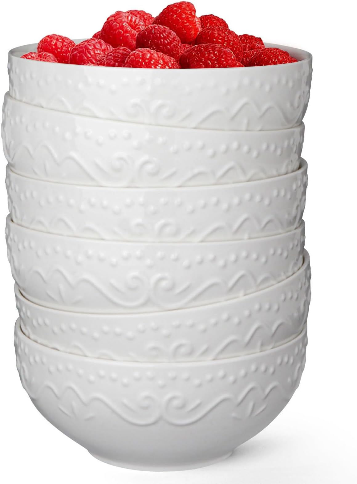 Artena Cereal Bowls 26 OZ, Ceramic Soup Bowls For Kitchen, White Embossment Bowl For Rice Pasta Salad, Breakfast Lunch Dinner, 6 Inch, Set Of 6, Dishwasher & Microwave Safe, Floral