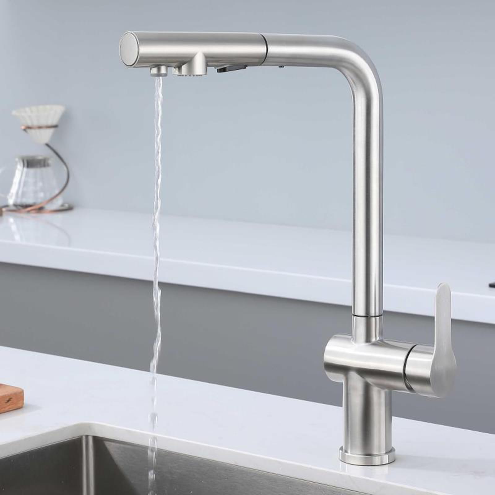 ZYCHSJXA 3 Way Pull Out Kitchen Tap Stainless Steel Sink Taps Swivel Purified Water Hot and Cold Water-Brushed
