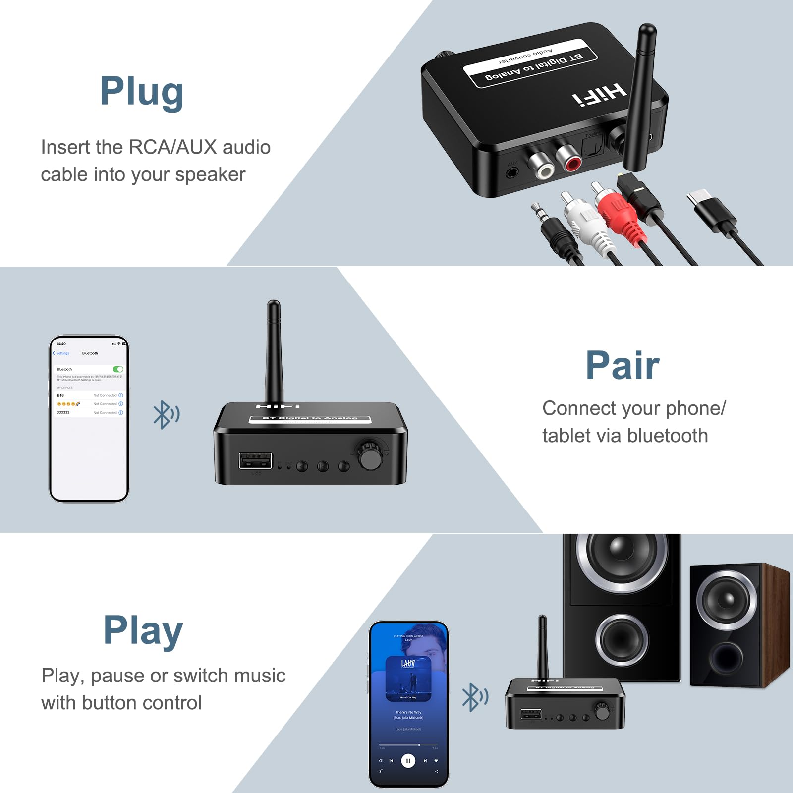Adattatore audio Bluetooth 5.1, adattatore audio Bluetooth 3 in 1, supporta la trasmissione RCA e AUX, adatto per autoradio/vecchio impianto stereo, PC/TV