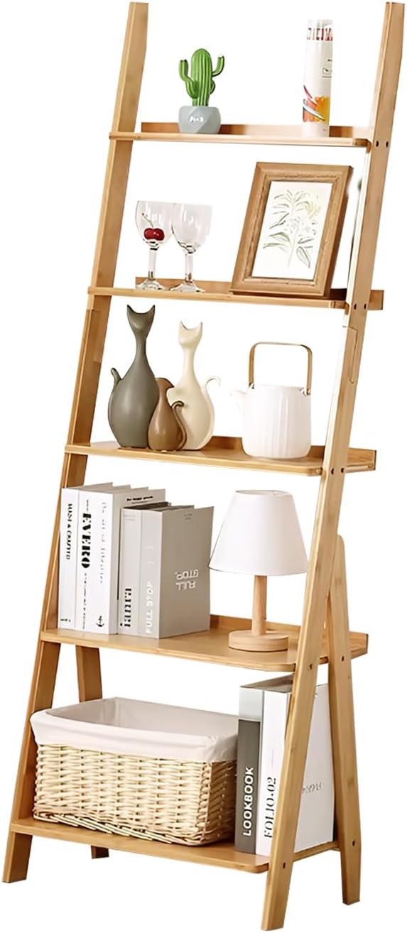 Bamboo Ladder Shelf Bookshelf, Natural Bamboo Storage Leaning Rack Floor Freestanding Bookcase Wall Storage Shelf Plant Stand for Small Space, Home, Office, Living Room, Kitchen, Balcony (5-tier)