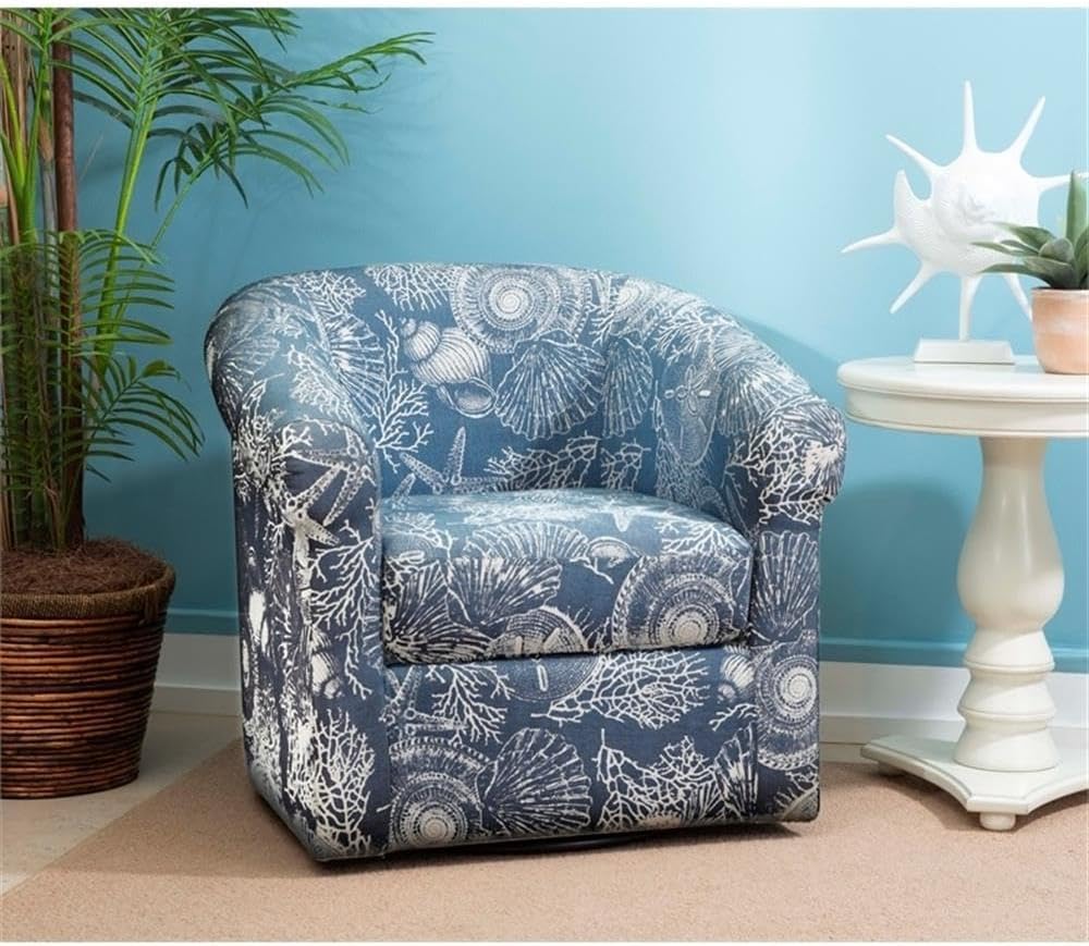 Pemberly Row Swivel Coastal Club Chair, Fabric Upholstery, Blue Seashell Pattern, 31.75" W x 28.5" D x 30.75" H, Nautical Accent Chair for Living Room, Sunroom, Bedroom, Beach House