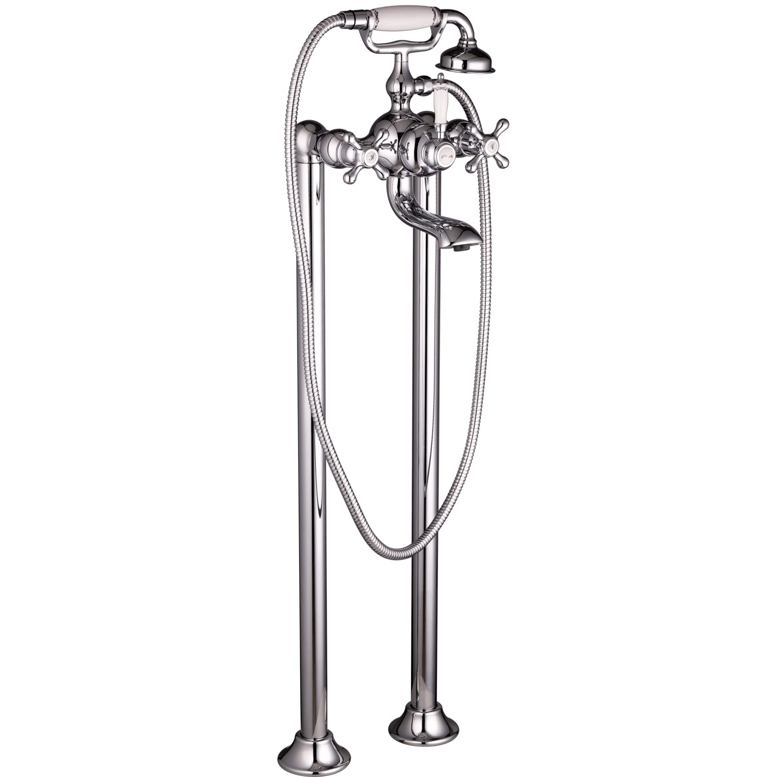 Grifo de Pie Retro para Bañeras Independientes, Latón Macizo Cromado, Válvulas Cerámicas, Incluye Ducha de Mano y Manguera 150 cm