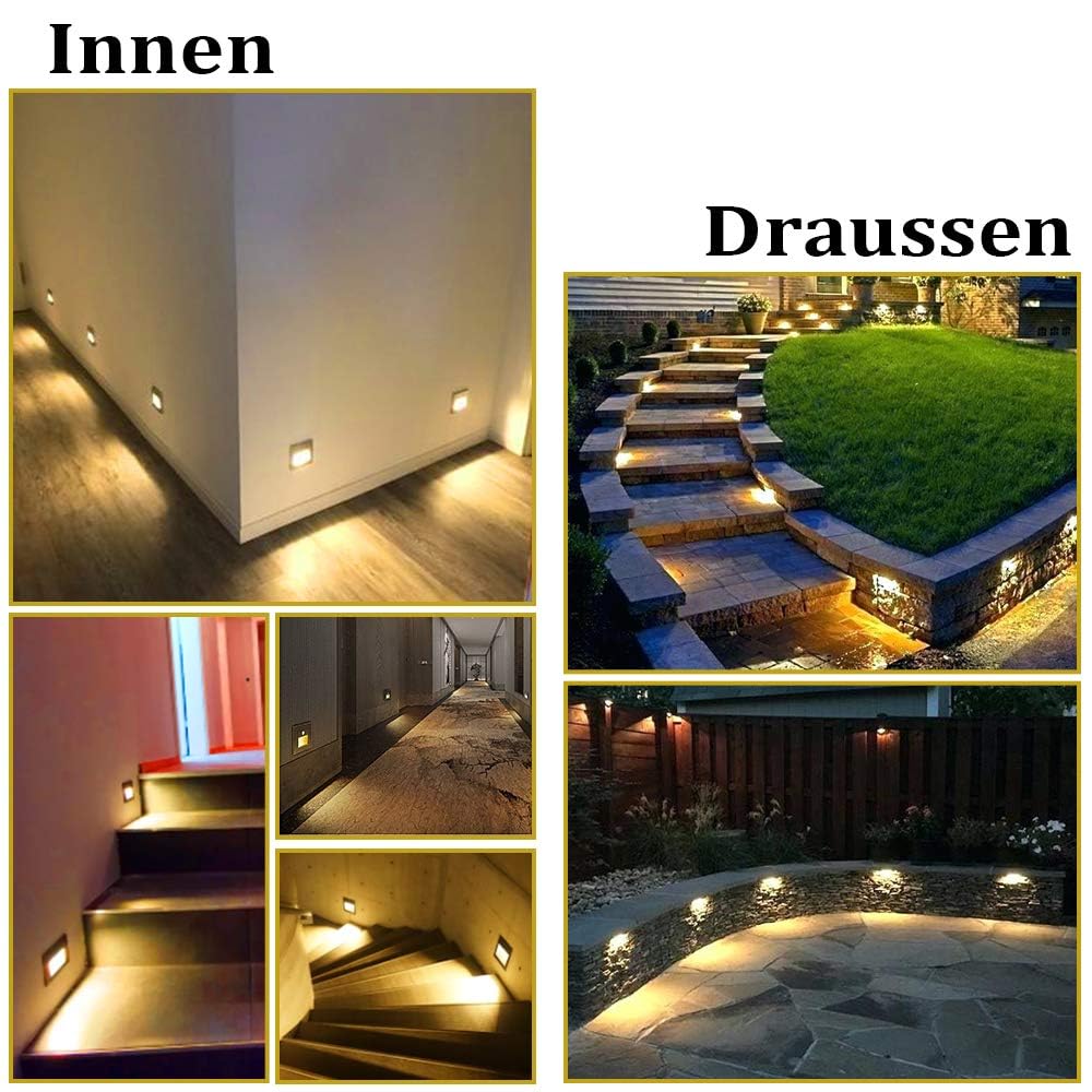 LED Treppenlicht Aluminium 230V 3W Glas Wandleuchten Treppenlicht mit Unterputzdose Treppenlicht Wandleuchte IP65 wasserdicht warmweiß,8 Stück