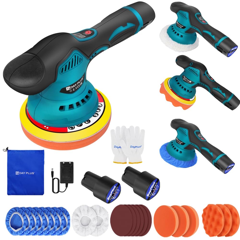 Akku Poliermaschine, Auto Poliermaschine Set 22pcs, 12V Mini Akku Exzenter Poliermaschine Polierer mit 2pcs 2,0 Ah Batterien, 8 Variable Geschwindigkeit, Akku-Puffer für Wachsen, Autopflege, Polieren