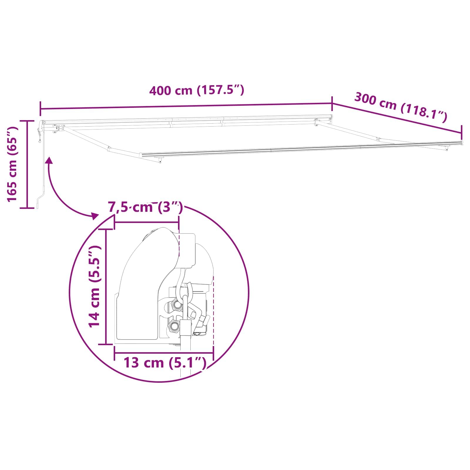 Tenda da sole allungabile elettrica bianca, 400 x 300 cm, tenda da sole motorizzata con manovella manuale, poliestere idrorepellente con rivestimento in PU, acciaio verniciato a polvere