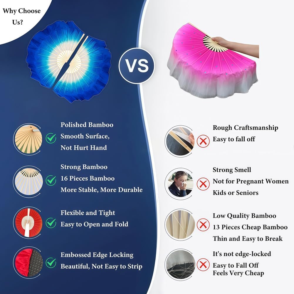Nimiman Women Real Silk 1 Pair 40cm(15.7") Colorful Belly Dancing Silk Bamboo Veils Dance Short Fan Veil Gradient Color - Image 5
