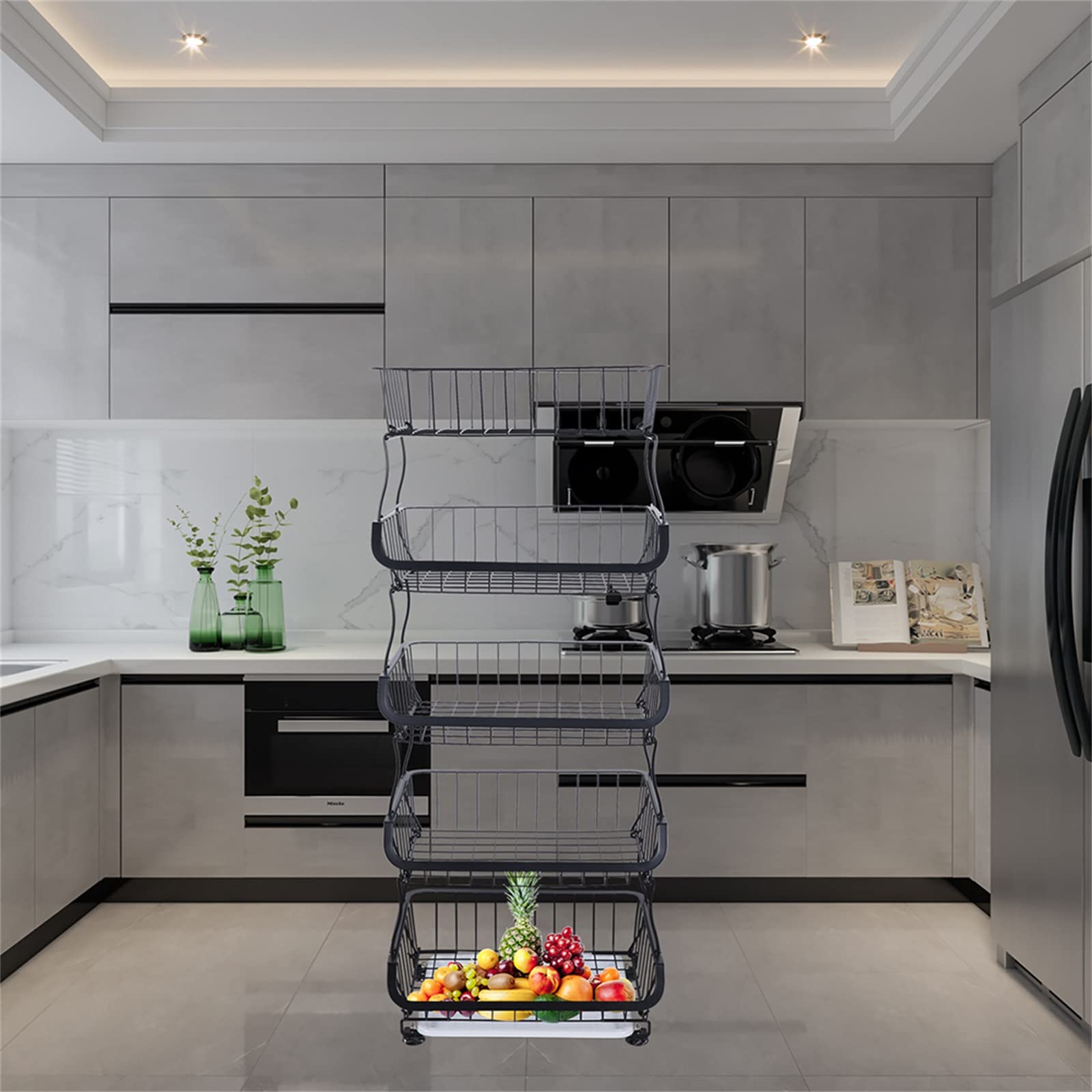 Cestino Frutta 5 Ripiani In Metallo - Porta Frutta, Verdura E Pane, Design Moderno Nero