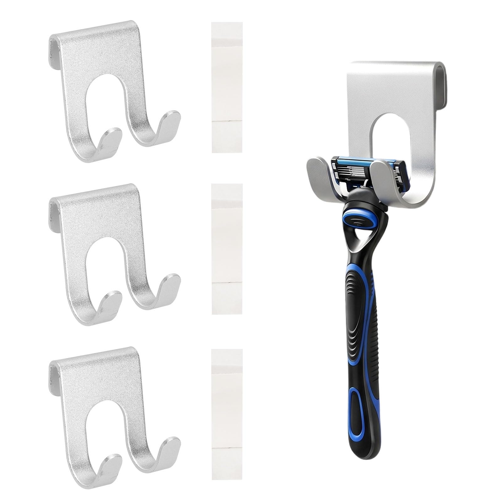 Supporto per rasoio da doccia, supporto per rasoio, supporto per doccia, supporto per rasoio, autoadesivo, senza foratura, presa forte, in alluminio, set da 4 pezzi, per bagno e cucina