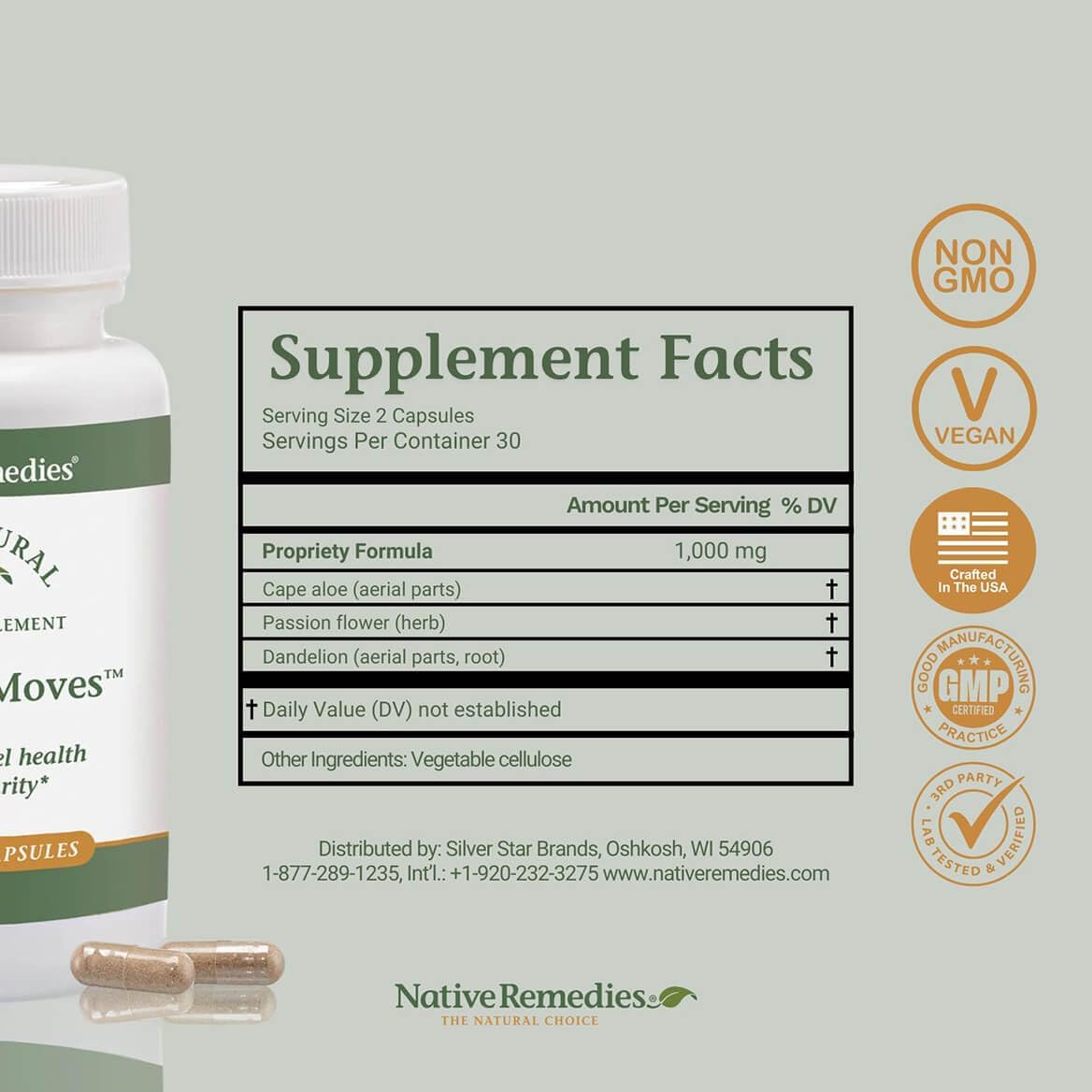 Native Remedies Natural Moves - All Natural Herbal Supplement Promotes Bowel Health and Regularity as Related to Constipation - 60 Veggie Caps