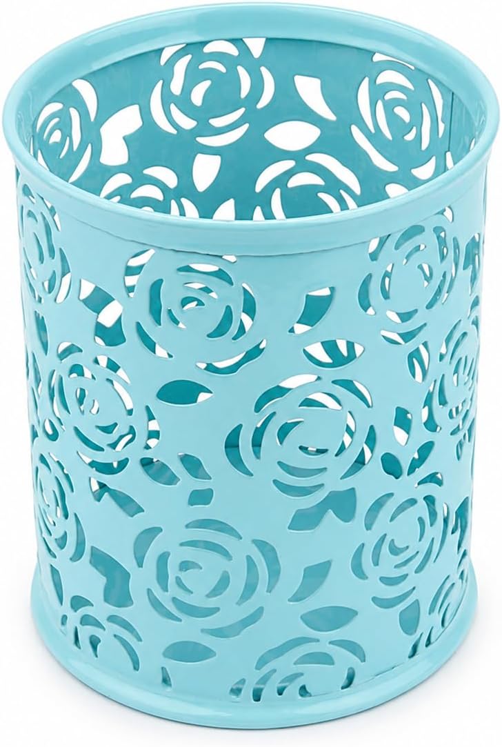 Respicefinem Pen Holder Pencil Organizer Hollow Rose Flower Pattern Design Metal Material Multipurpose Organizer for Desktop Office Ideal for Students Teachers Office Professionals