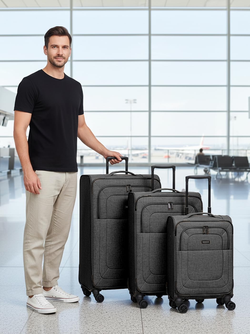 REDOLZ Koffer-Set 3-teilig Reise-Trolleys Softcase 4 Doppelrollen TSA-Schloss erweiterbar Essentials 12