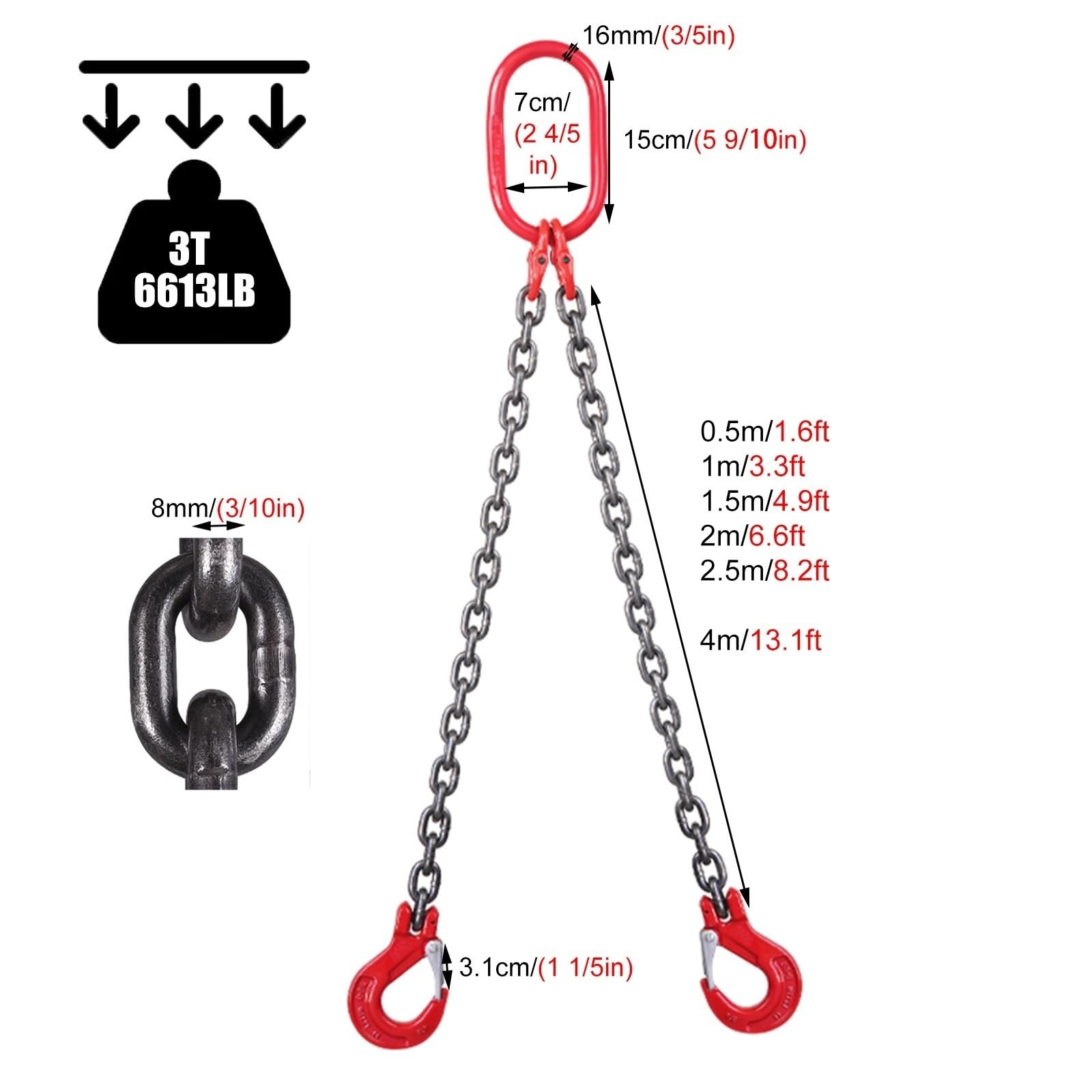 Lifting Chains Rigging, Alloy Manganese Steel Chain Slings Dual Leg 1 3 5 7 8 13 Feet, Lifting Sling Chain for Cargo Security Towing and Handling(Load 3 Ton L 2.5 M (8.2 FT) 2 Hook)