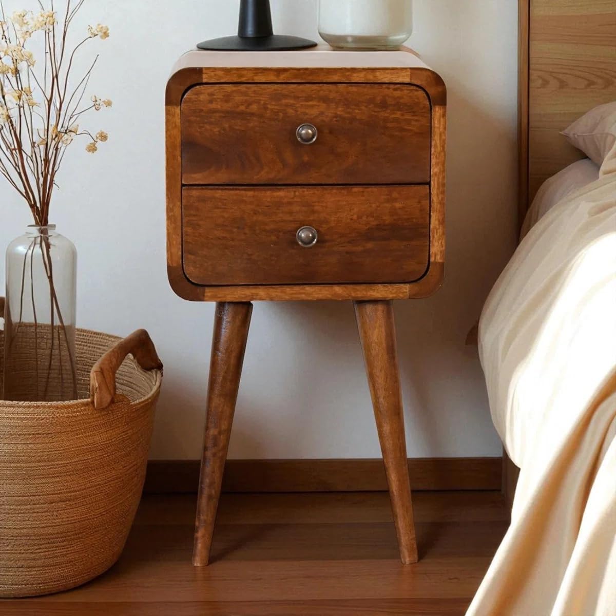 Mid-Century Modern Bedside Table, Walnut Brown, Solid Wood, 2 Drawer Nightstand with Natural Wood Finish, 55x50x60 cm-image-48